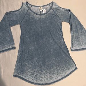 Distressed open shoulder, bell sleeve top